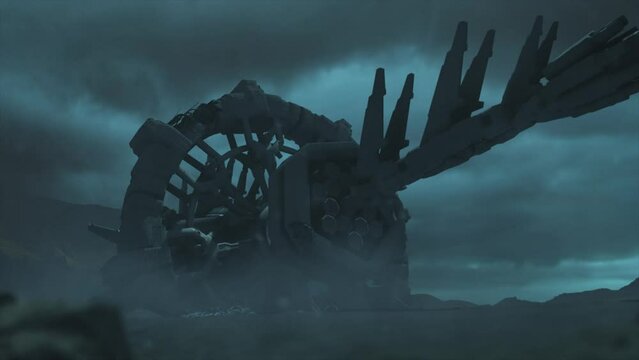 Cinematic shot of a stormy ancient alien crash site, with a smooth dolly shot of a vast hulk of a derelict space ship with wreckage, through an electrical silicate storm - teal color scheme