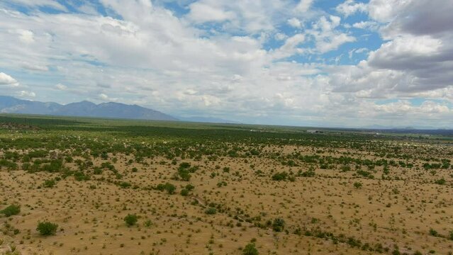 Drone shot of the Sonoran desert in Arizona, slow moving aerial shot with mountains in the distance