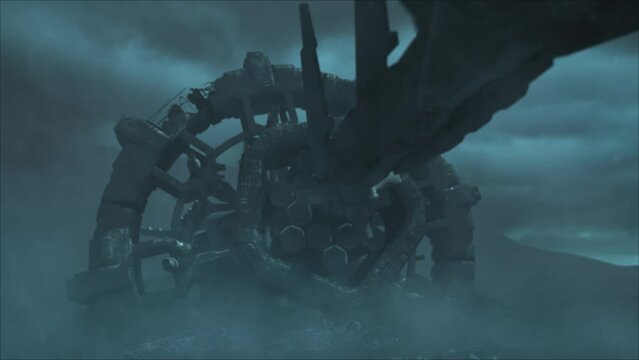 Cinematic shot of a stormy ancient alien crash site, with a smooth descending shot of a vast hulk of a derelict space ship with wreckage, through an electrical silicate storm - teal color scheme