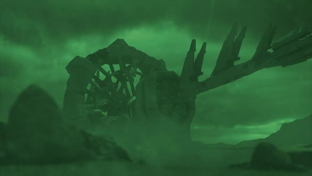 Cinematic shot of a stormy ancient alien crash site, with a smooth tracking shot of a vast hulk of a derelict space ship in the distance, through an electrical silicate storm - green color scheme