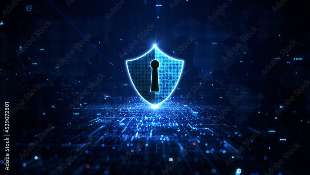 Aufkleber Blue Shield Icon Cyber Security, Digital Data Network Protection, Future Technology Digital Data Network Connection Abstract Background Concept. 3D rendering