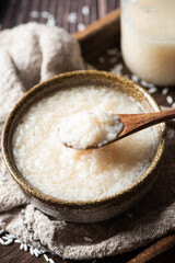 Delicious fermented glutinous rice wine on table
