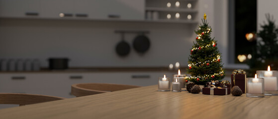 Close-up, Modern wood dining tabletop with small Christmas tree, Christmas gifts and candles