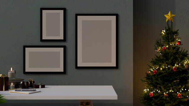 Living room on Christmas Day interior with Christmas tree, the blue wall with frames mockup