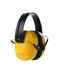 Yellow hearing protectors on white background