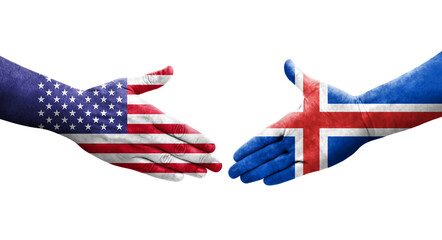 Handshake between Iceland and USA flags painted on hands, isolated transparent image.