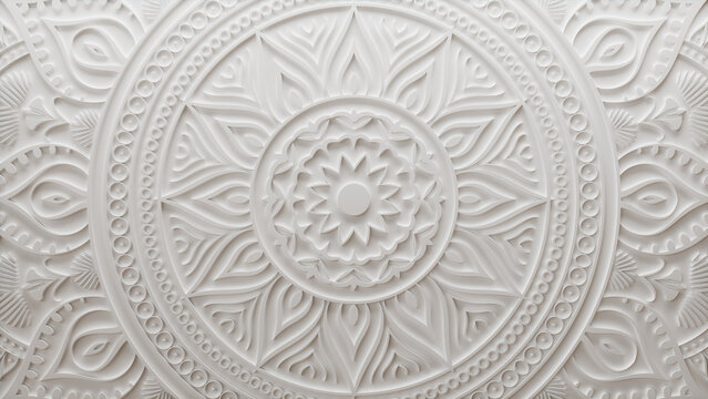 Diwali Concept featuring a White 3D Mandala Design. Festival Wallpaper. 3D Render.