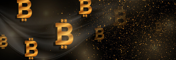 Black and luxury golden wavy abstract background with bitcoin signs. Vector banner design