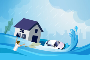 Flooding wave from raining storm typhoon take away house, car and flood victim in city. Nature disaster, Tsunami and catastrophic caused by climate change and global warming.
