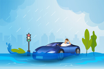 Cars on flooding road in city from raining storm typhoon. Nature disaster, Tsunami and catastrophic caused by climate change and global warming. Ecology and environment concept. - obrazy, fototapety, plakaty