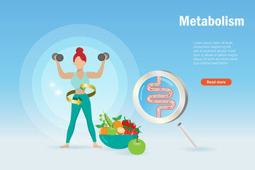 Metabolism system and weight control. Active woman exercising with healthy foods and intestines on magnifying glass. Balancing appropriated nutrition and exercising for healthy body.