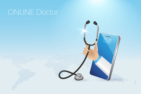 Online Doctor, Virtual Hospital And Consultation. Doctor Hand Hold Stethoscope From Smartphone Diagnose And Communicate With Patient In Remote Location.  Medical And Healthcare Innovation Technology.