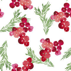 Watercolor Christmas repeating seamless pattern with red berries and green holiday sprigs