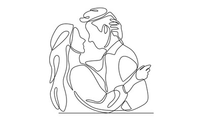 Continuous line of happy married man and woman. Romantic young wedding couple