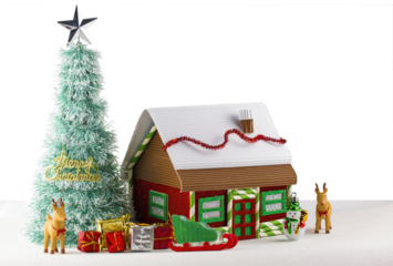 Kids school craft handmade decorated Christmas house with Christmas tree and ornaments 