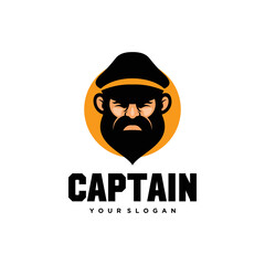Bearded ship captain or skipper with crest hat for nautical logo design for sailors