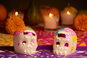 Sugar skull with Candles, Decoration traditionally used in altars for the celebration of the day of...
