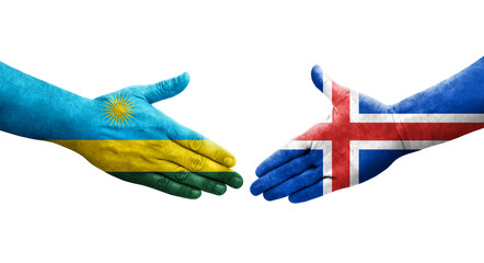 Handshake between Iceland and Rwanda flags painted on hands, isolated transparent image.