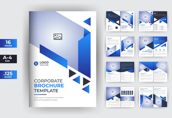 Corporate blue 16 pages brochure template, business brochure with modern shape