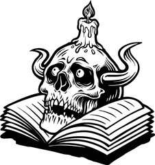 Human Skull and Book with Candle Vector illustrations for your work Logo, mascot merchandise t-shirt, stickers and Label designs, poster, greeting cards advertising business company or brands.