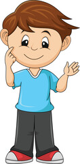 shy boy smiling and waving cartoon vector illustration