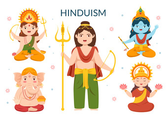 Hinduism of Various Indian God Flat background Cartoon Hand Drawn Templates Illustration