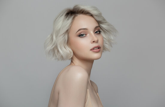 Portrait of a beautiful blonde girl with a short haircut. Gray background.