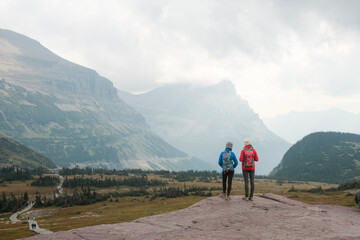 Hikers overlooking mountains, Logan's Pass, Montana