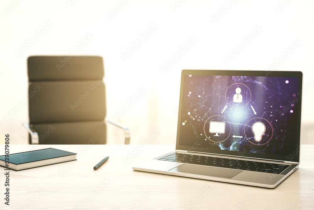 Poster Modern computer display with social network icons concept. Networking concept. 3D Rendering