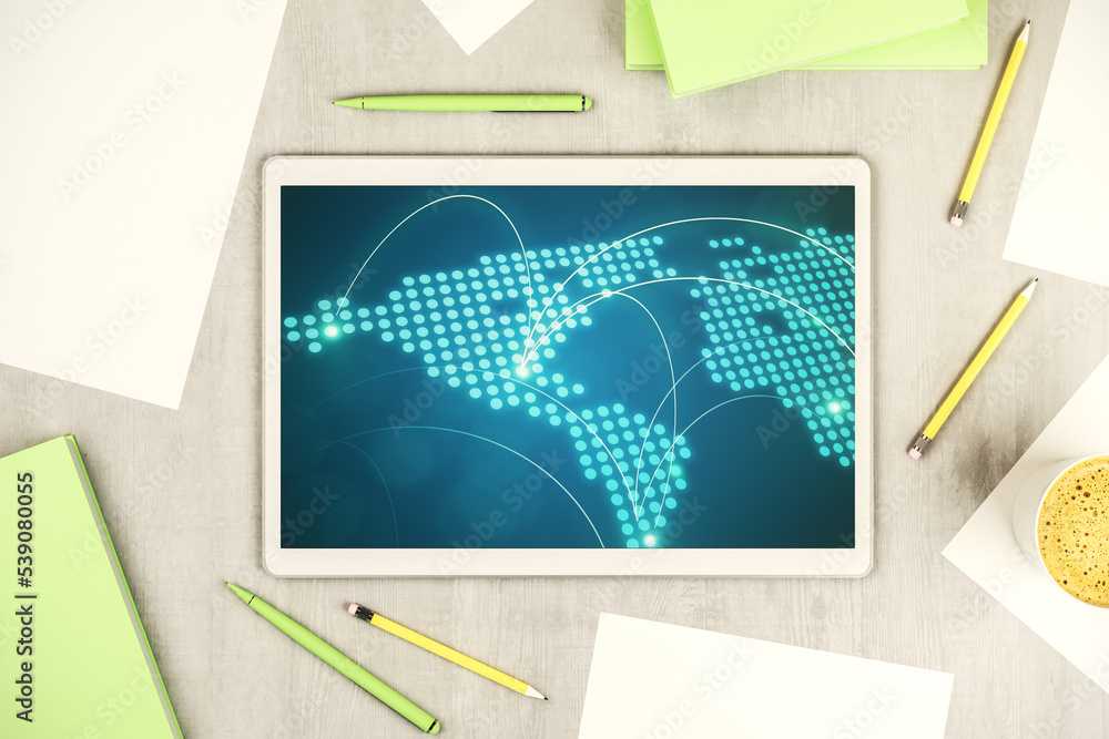 Poster abstract creative world map with connections on modern digital tablet screen, international trading 