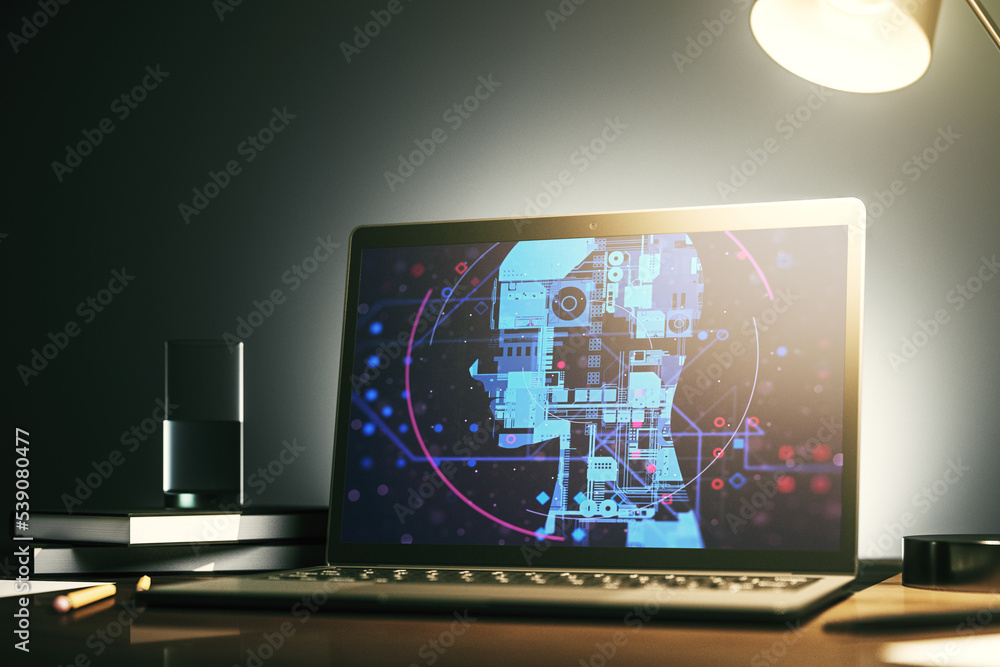 Poster modern computer screen with creative human head microcircuit. future technology and ai concept. 3d r