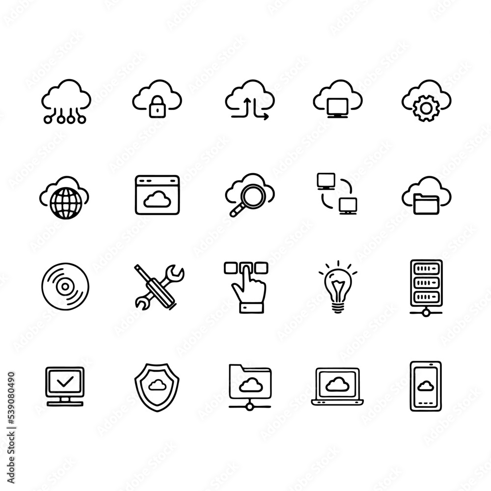 Poster cloud computing, computer cloud and cloud hosting related line icons. cloud storage and network vect