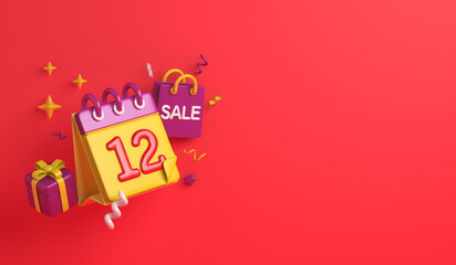 12.12 Shopping day sale background with calendar, gift box, shopping bag copy space text, 3D rendering illustration