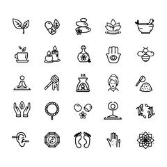 Vector graphic set. Editable outline stroke. 40x40 pixels. Icons in flat, contour, thin and linear design. Alternative medicine. Simple isolated concept Web site illustration. Sign, symbol, element.