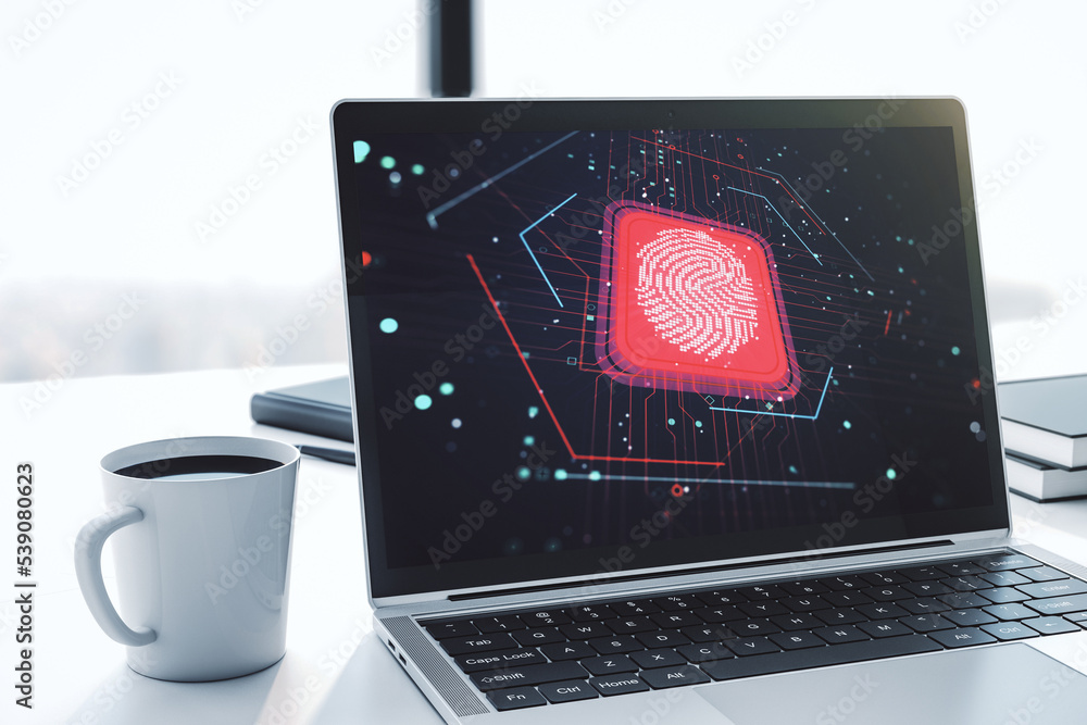 Poster Abstract creative fingerprint hologram on modern computer monitor, protection of personal information concept. 3D Rendering