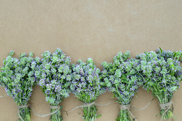 Creeping thyme. Bouquets of thyme on table, top view. Collection, drying and harvesting of medicinal plants and herbs. Meadow flowers, wildflowers and herbs on eco friendly craft paper background