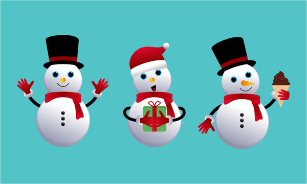 Set of cartoon snowmen in different poses vector illustration