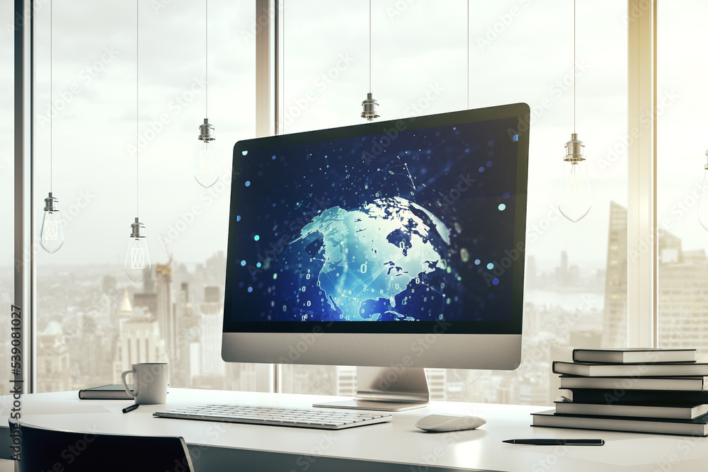 Fototapete modern computer screen with abstract creative coding sketch and world map, artificial intelligence a