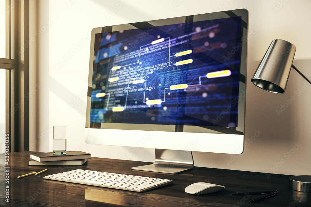 Poster abstract creative coding concept on modern laptop screen. 3d rendering