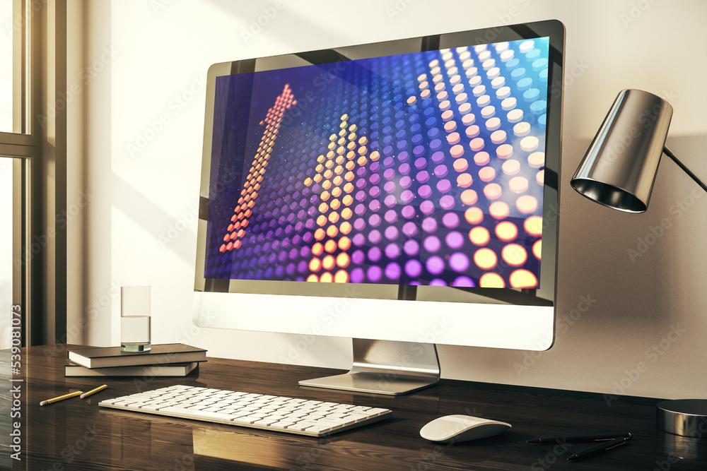 Poster creative abstract upward arrows hologram on modern computer monitor, leadership and motivation conce
