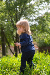 Baby walking in park. Little baby playing in nature on the green grass. Kids playing. Baby and summer sunny weather.
