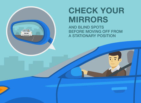 Safe Driving Tips And Rules. Check Your Mirrors And Blind Spots Before Moving Off From A Stationary Position. Close-up Of Male Driver Looking At Wing Mirror. Flat Vector Illustration Template.