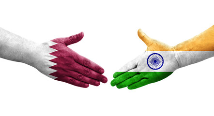 Handshake between India and Qatar flags painted on hands, isolated transparent image.