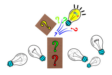 クエスチョンマークの付いたブロックから飛び出したアイデアの文字が書いてある電球