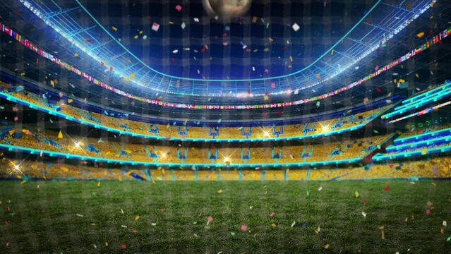  Football Stadium. Soccer ball hits the net and makes a goal. 01.