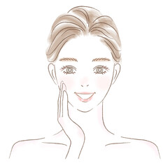 頬に手を当てる笑顔の女性きれいめイラスト