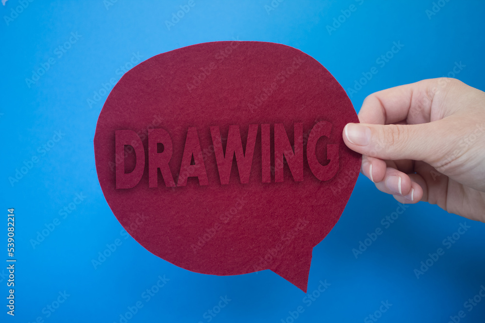 Poster speech bubble in front of colored background with drawing text.