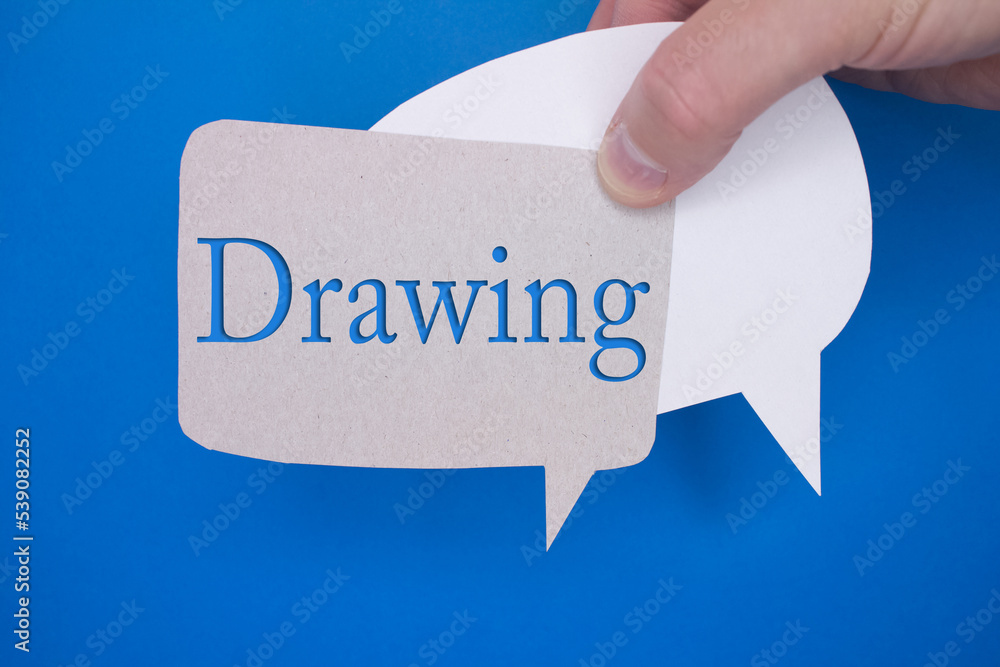 Poster speech bubble in front of colored background with drawing text.