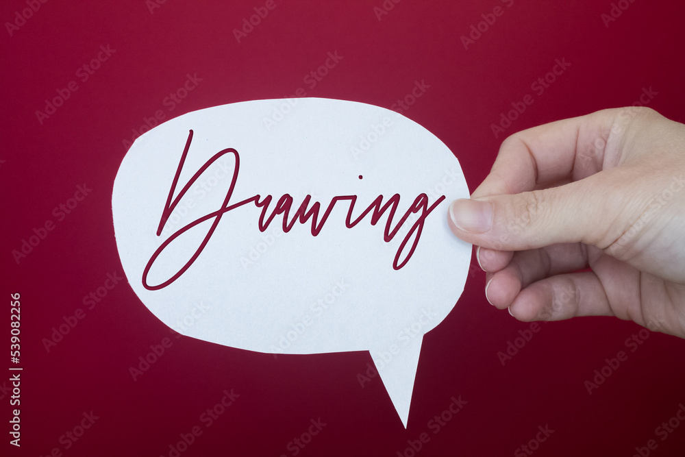 Poster speech bubble in front of colored background with drawing text.