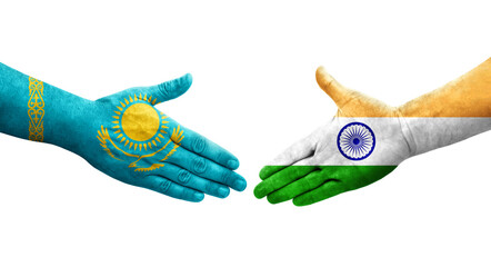 Handshake between India and Kazakhstan flags painted on hands, isolated transparent image.